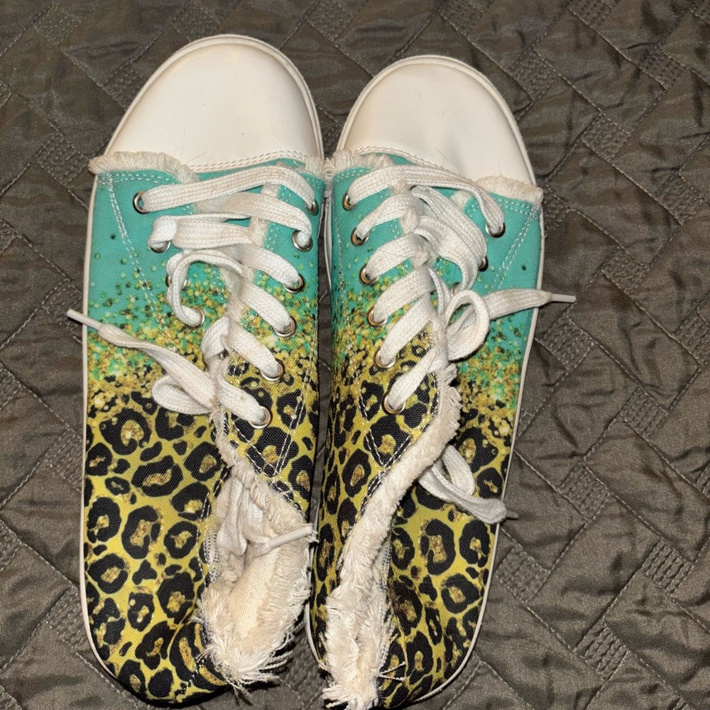 Contrast Leopard Gradient Fringe Hem Sneakers Casual Flat size 40 (9.5)